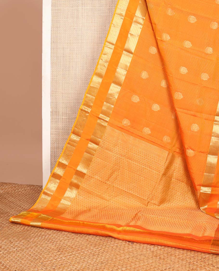 Fanta orange zari buttas Vasundhara silk mix saree, traditional design rettai pettu zari border & leaf motifs steeped pallu
