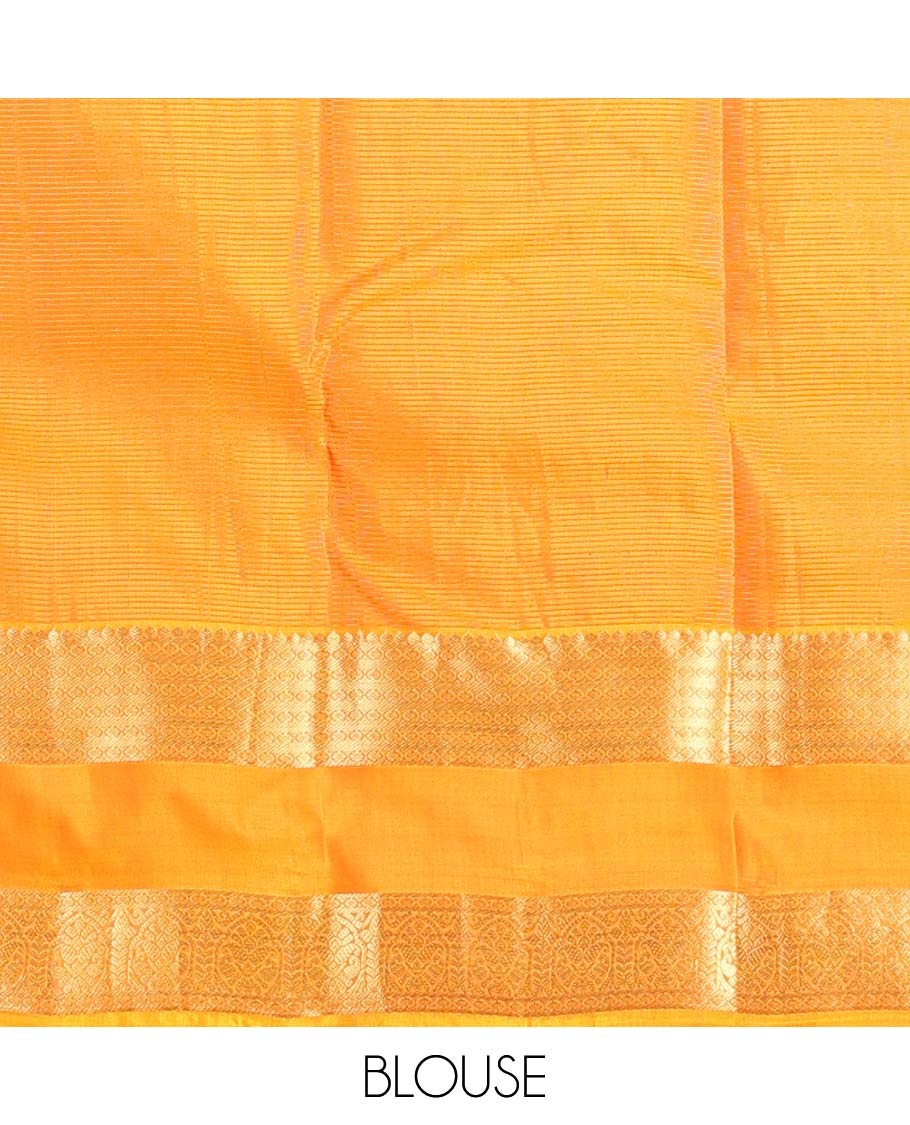 Fanta orange zari buttas Vasundhara silk mix saree, traditional design rettai pettu zari border & leaf motifs steeped pallu