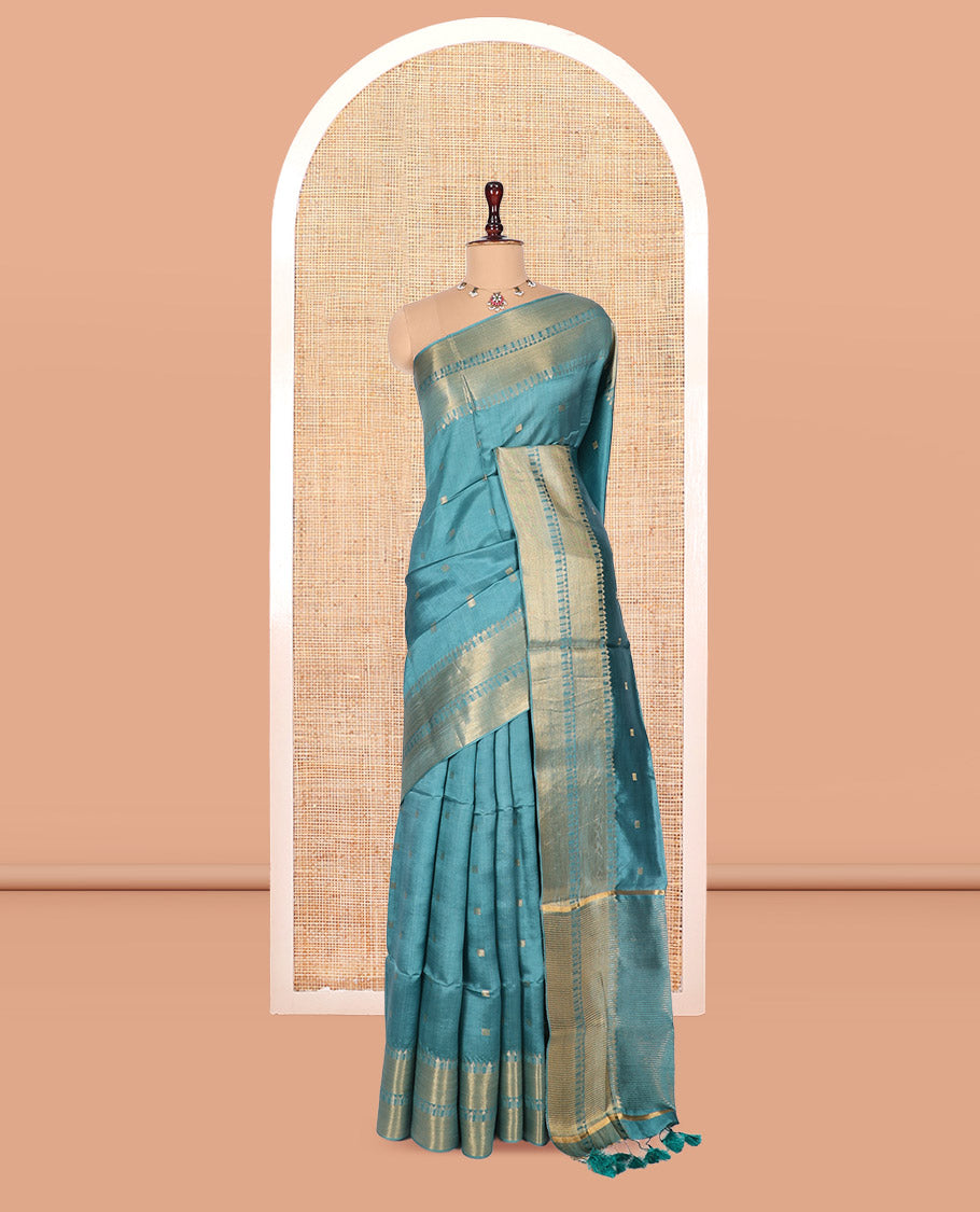 Blue Banana Pith Saree, Woven with Buttas, a Zari Temple Border, Striped Pallu, and Matching Blouse