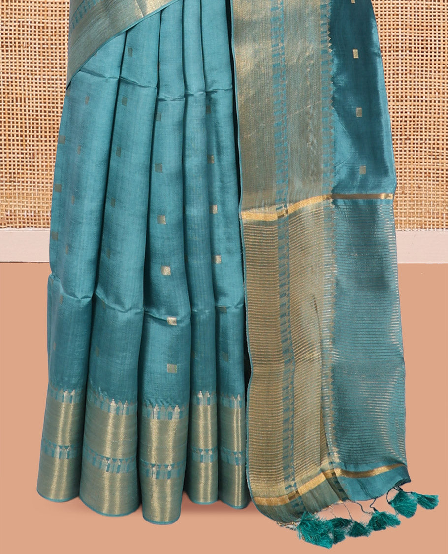 Blue Banana Pith Saree, Woven with Buttas, a Zari Temple Border, Striped Pallu, and Matching Blouse