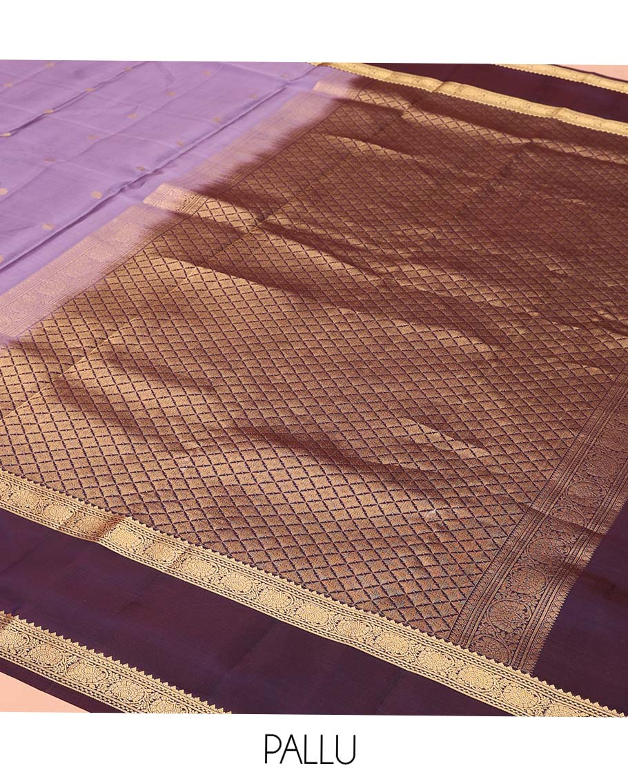 Lavender Vasundhara Lite-Silk Mix Saree, Embellished with Zari Buttas, Complemented by a Contrast Rettai Pettu Border of Kodi Visiry Designs, Grand Pallu of Jaal Design, and Paired with a Contrast Blouse