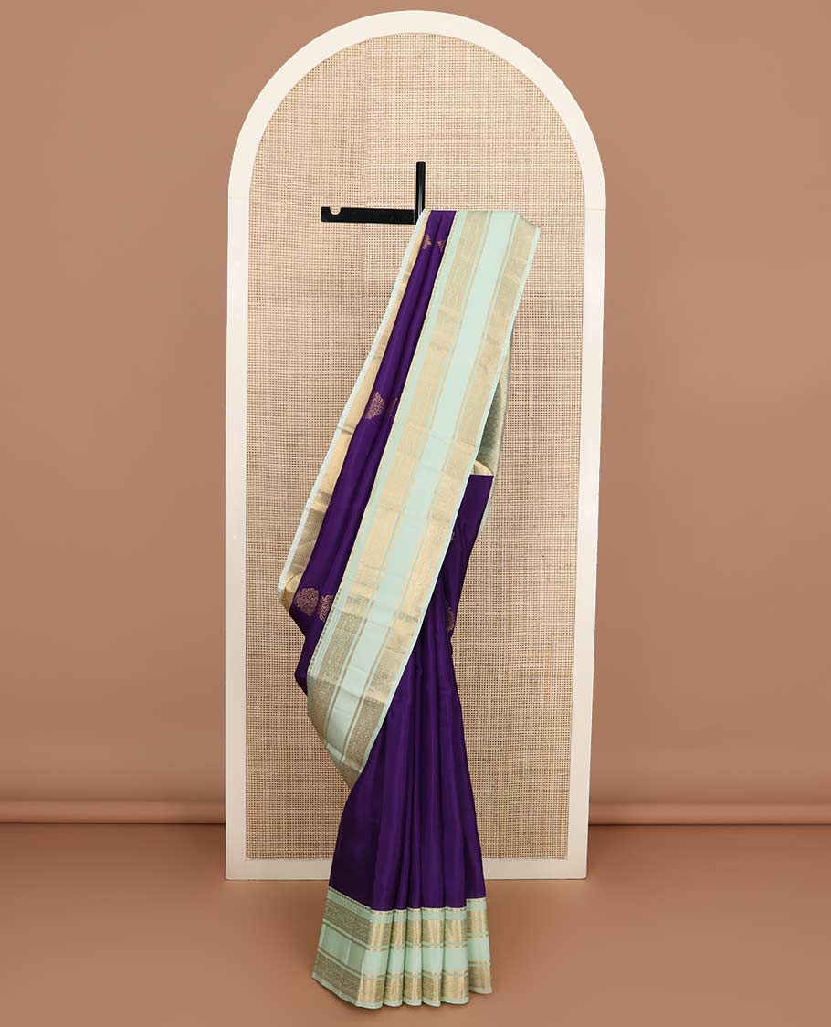 Violet zari buttas Vasundhara silk mix saree, contrast rettai pettu border of thilakam, muthu, diamond, and kathir designs, and jaal pallu