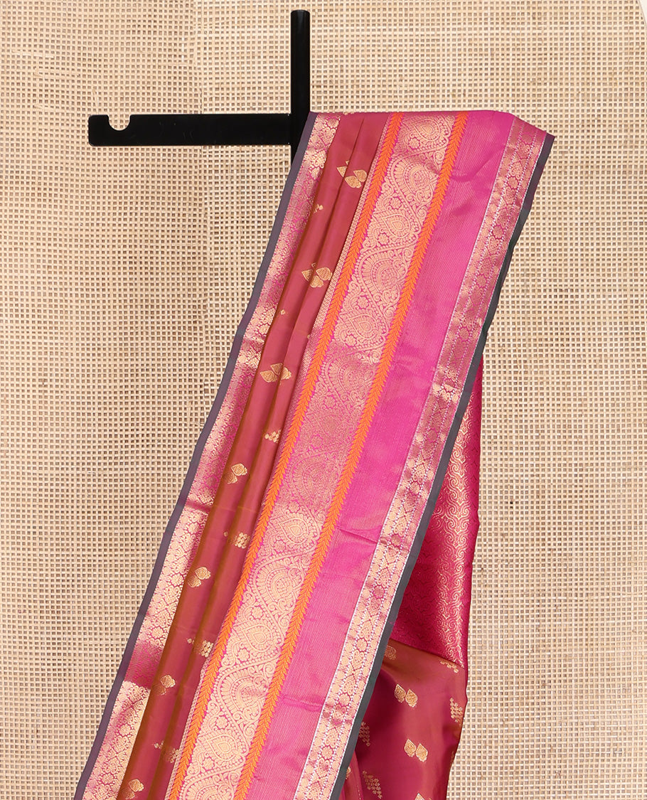 Orange Vasundhara Lite Silk Mix Saree, Graced with Zari Buttas, Complemented by a Contrast Border of Rekku, Rudraksham, Mayil Kann, Kathir, Jada Nagam, and Thilakam Designs, Intricately Designed Pallu, and Paired with a Contrast Blouse