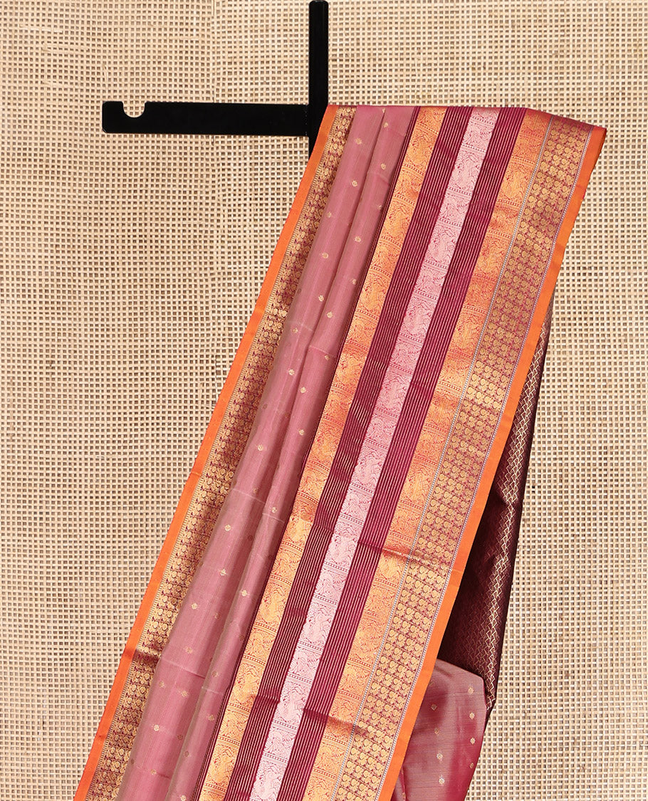 Pink Vasundhara Lite Silk Mix Saree, Beautified with Zari Buttas, Complemented by a Contrast Border of Muthu, Yaali, and Mayil Designs, Grand Pallu, and a Contrast Blouse