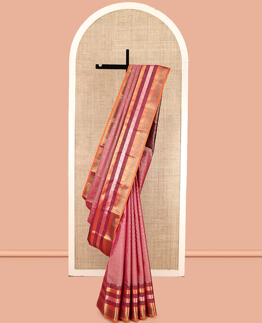 Pink Vasundhara Lite Silk Mix Saree, Beautified with Zari Buttas, Complemented by a Contrast Border of Muthu, Yaali, and Mayil Designs, Grand Pallu, and a Contrast Blouse