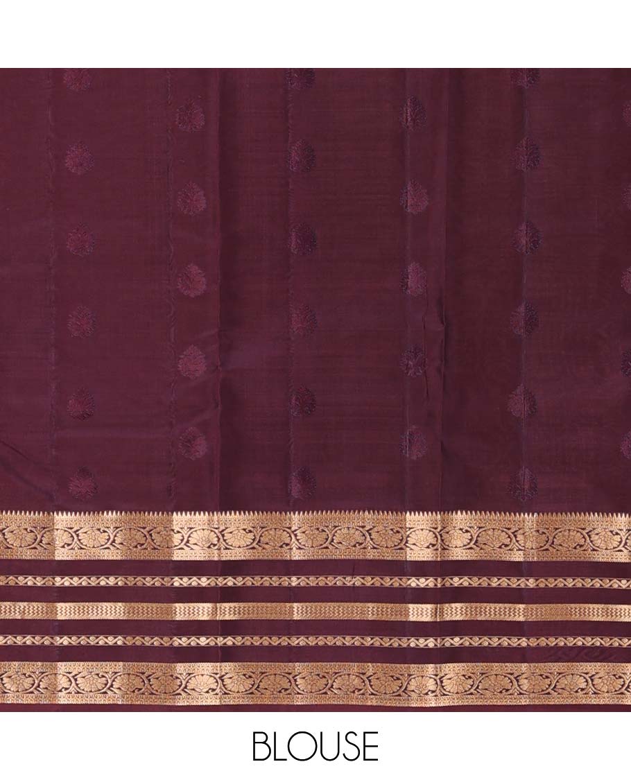 Green zari buttas Vasundhara silk mix saree, contrast border of rekku, neli, vanki, and kodi visiry designs, and temple design pallu