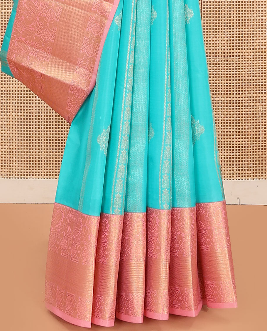 Blue Vasundhara Lite Silk Mix Saree, Adorned with Zari Designs on Its Body, Complemented by a Contrast Border of Mayil, Chakram, and Kuyil Kann Designs, Gleaming Jaal Pallu, and Paired with a Contrast Blouse