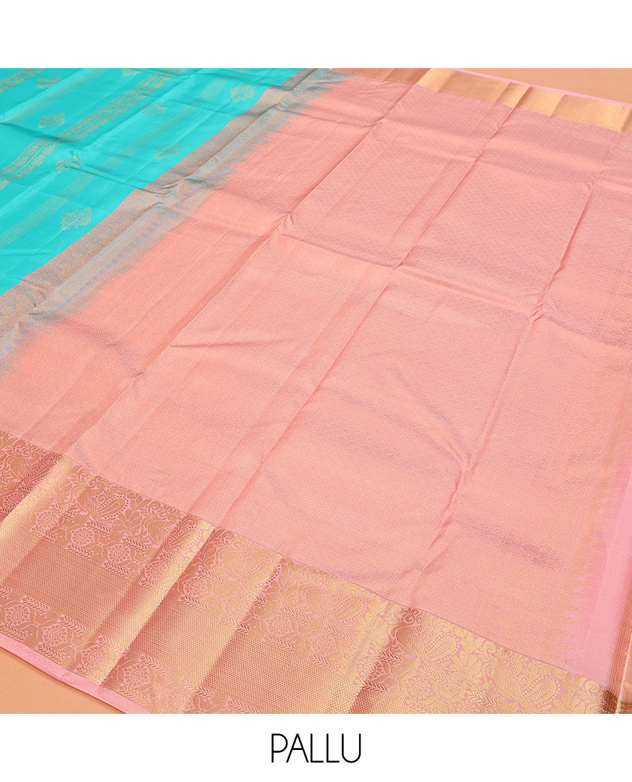 Blue Vasundhara Lite Silk Mix Saree, Adorned with Zari Designs on Its Body, Complemented by a Contrast Border of Mayil, Chakram, and Kuyil Kann Designs, Gleaming Jaal Pallu, and Paired with a Contrast Blouse