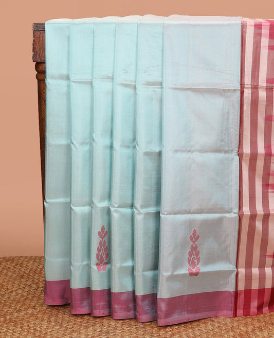Blue Banana Pith Saree, Beautifully Bedecked with Unique Buttas All Over Its Body, Complemented by a Contrast Border, Vibrant Pallu Depicting Buttas, and Paired with a Contrast Blouse