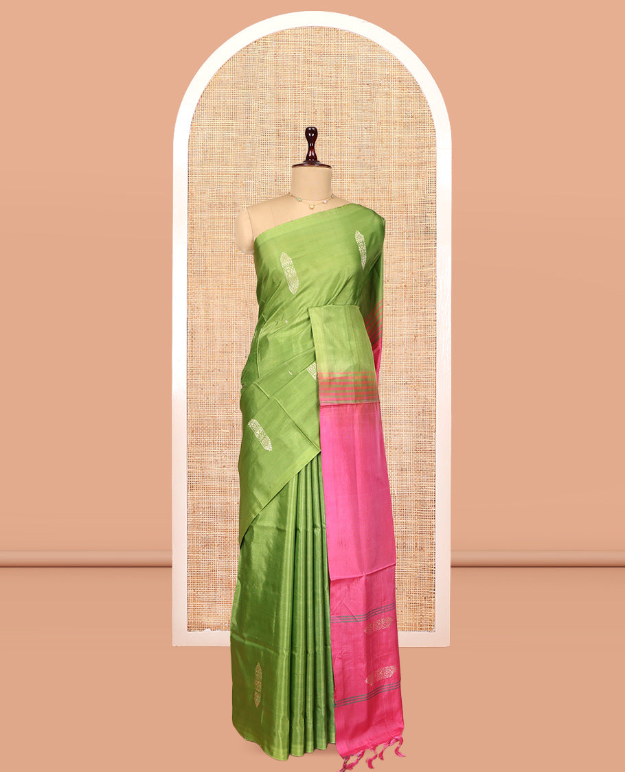 Borderless Parrot Green Banana Pith Saree, Woven with Buttas and Stripes, Complemented by a Contrast Pallu of Stripes and Buttas, and a Contrast Blouse