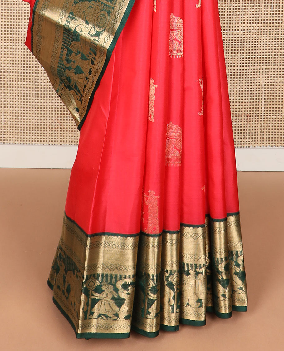 Red buttas silk saree with contrast wedding design border & floral design pallu