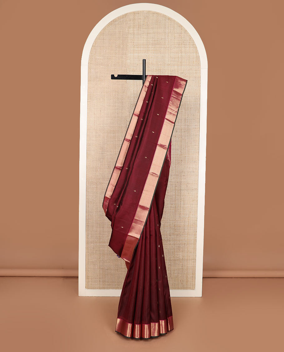 Maroon zari buttas silk saree, contrast rekku & vanki zari border & pallu of jaal designs