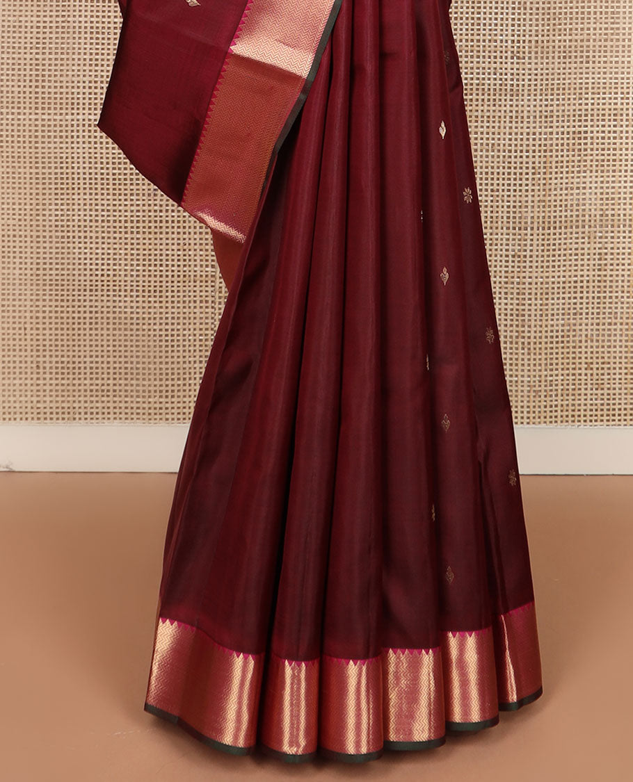 Maroon zari buttas silk saree, contrast rekku & vanki zari border & pallu of jaal designs