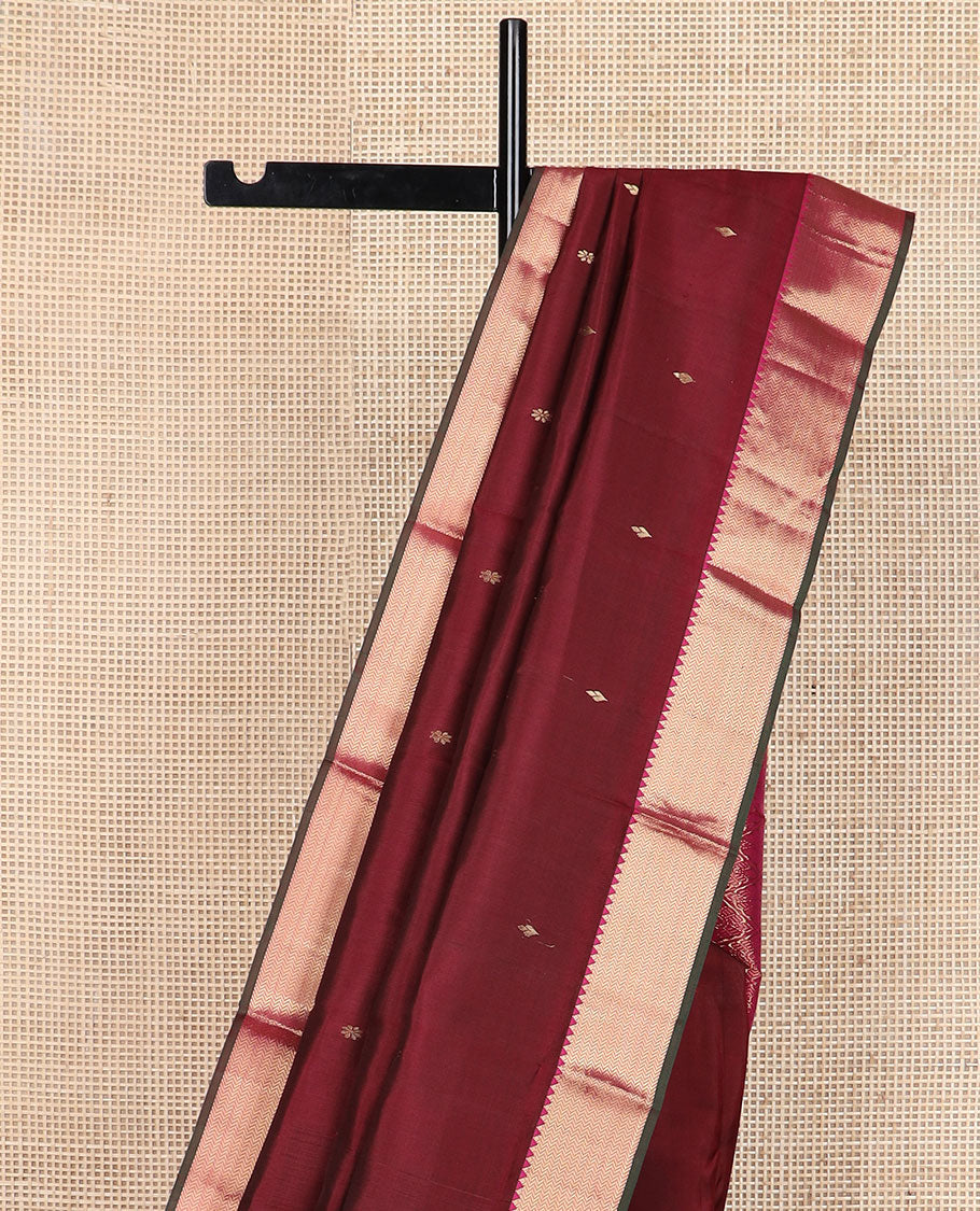 Maroon zari buttas silk saree, contrast rekku & vanki zari border & pallu of jaal designs