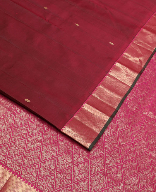 Maroon zari buttas silk saree, contrast rekku & vanki zari border & pallu of jaal designs