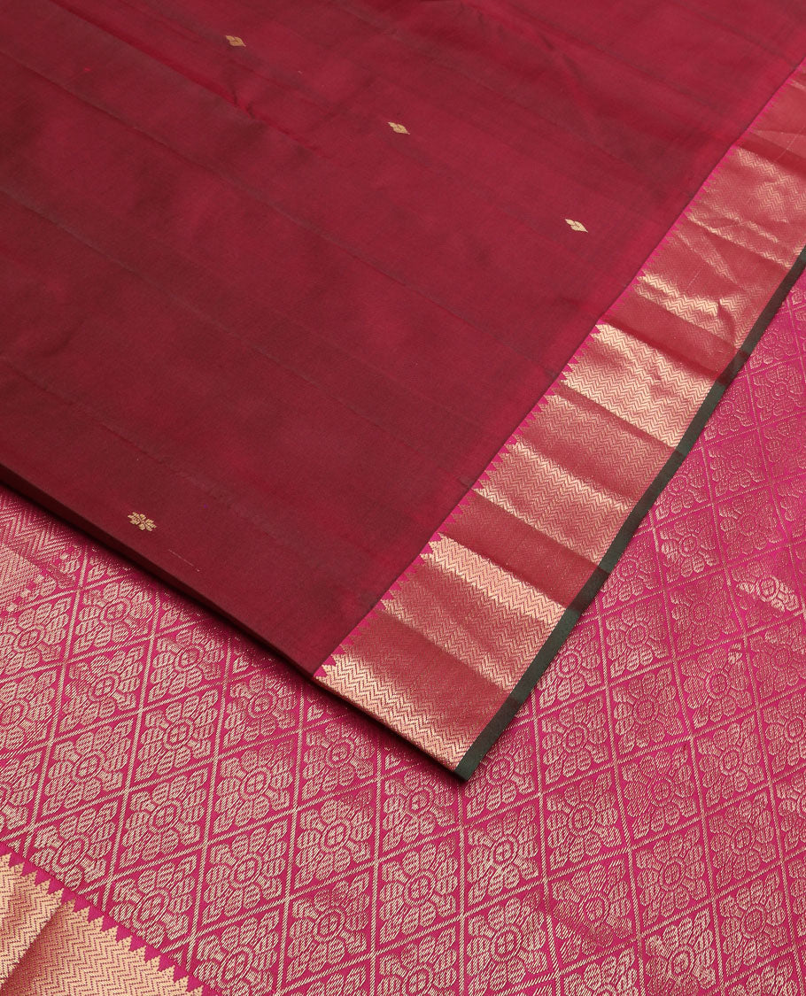 Maroon zari buttas silk saree, contrast rekku & vanki zari border & pallu of jaal designs