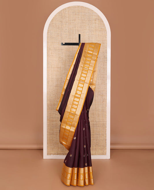 Maroon kuthirai & mayil buttas silk saree, contrast jaal pallu & zari border of muthu, neli, poun & iruthalai pakshi