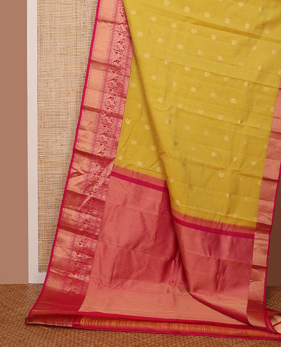 Yellow zari buttas silk saree, contrast border of rudraksham,rettai neli,mayil & kamalam design & jaal pallu