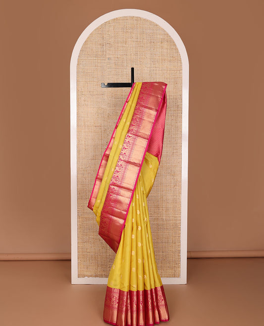Yellow zari buttas silk saree, contrast border of rudraksham,rettai neli,mayil & kamalam design & jaal pallu