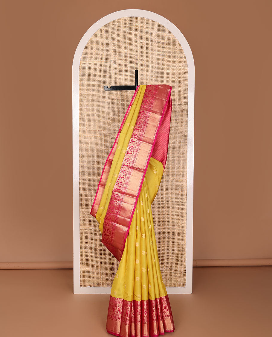 Yellow zari buttas silk saree, contrast border of rudraksham,rettai neli,mayil & kamalam design & jaal pallu