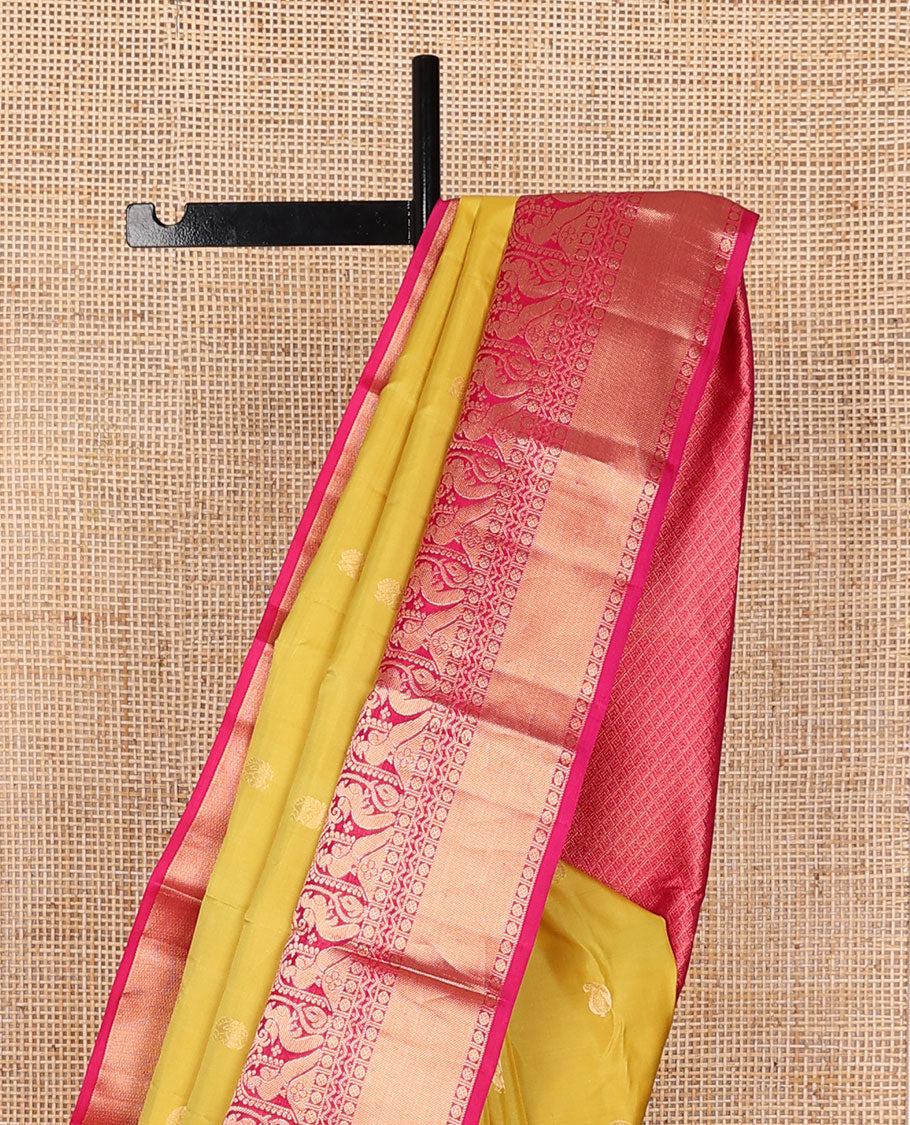 Yellow zari buttas silk saree, contrast border of rudraksham,rettai neli,mayil & kamalam design & jaal pallu