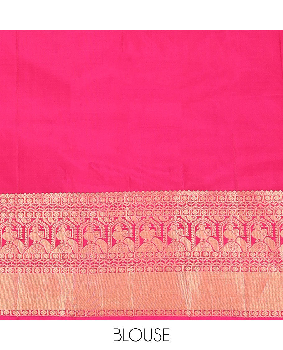Yellow zari buttas silk saree, contrast border of rudraksham,rettai neli,mayil & kamalam design & jaal pallu