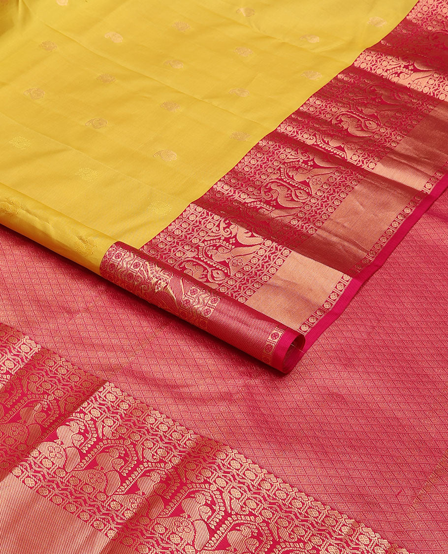 Yellow zari buttas silk saree, contrast border of rudraksham,rettai neli,mayil & kamalam design & jaal pallu