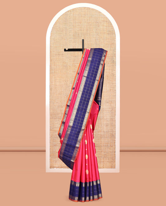 Pink Vasundhara Silk Saree, Enthralled with Iruthalai Pakshi Buttas, Complemented by a Contrast Border of Muthu, Mayil, and Yaanai Designs, Grand Pallu, and Contrast Blouse