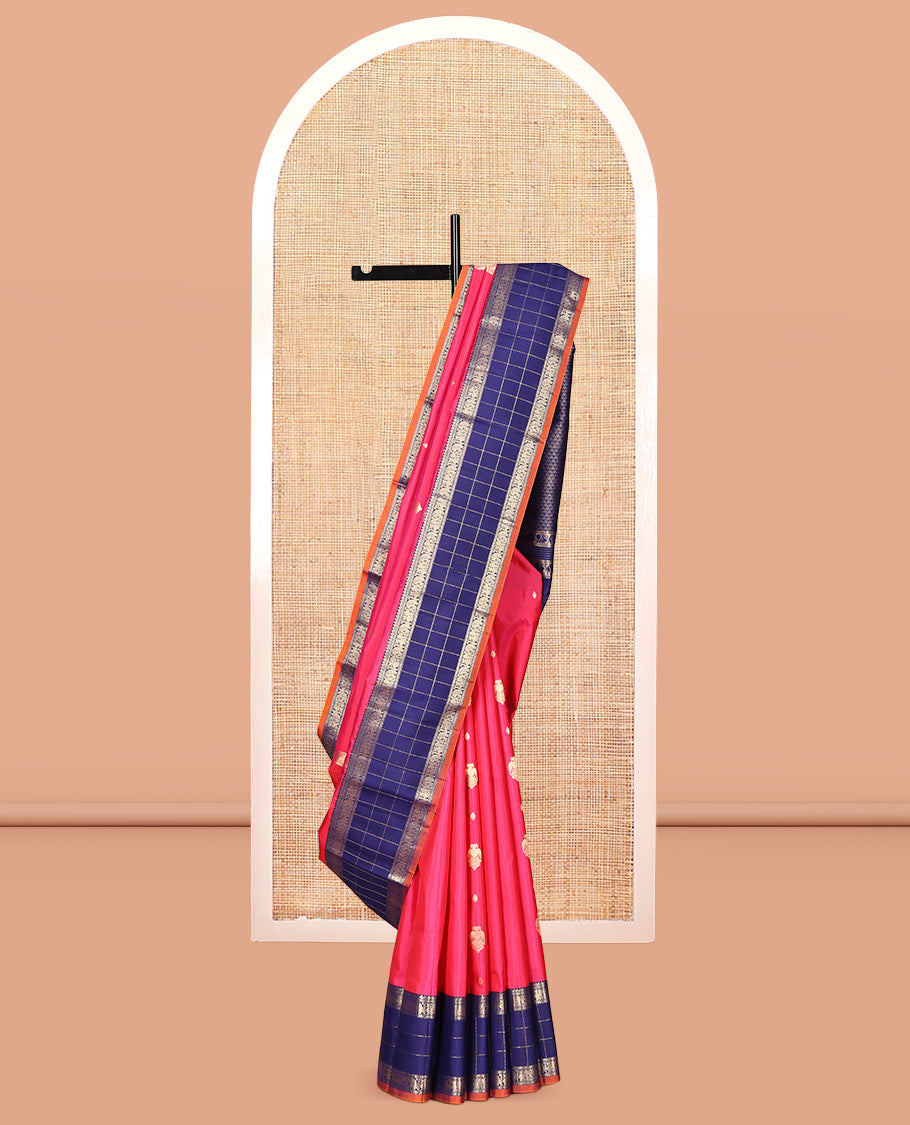 Pink Vasundhara Silk Saree, Enthralled with Iruthalai Pakshi Buttas, Complemented by a Contrast Border of Muthu, Mayil, and Yaanai Designs, Grand Pallu, and Contrast Blouse