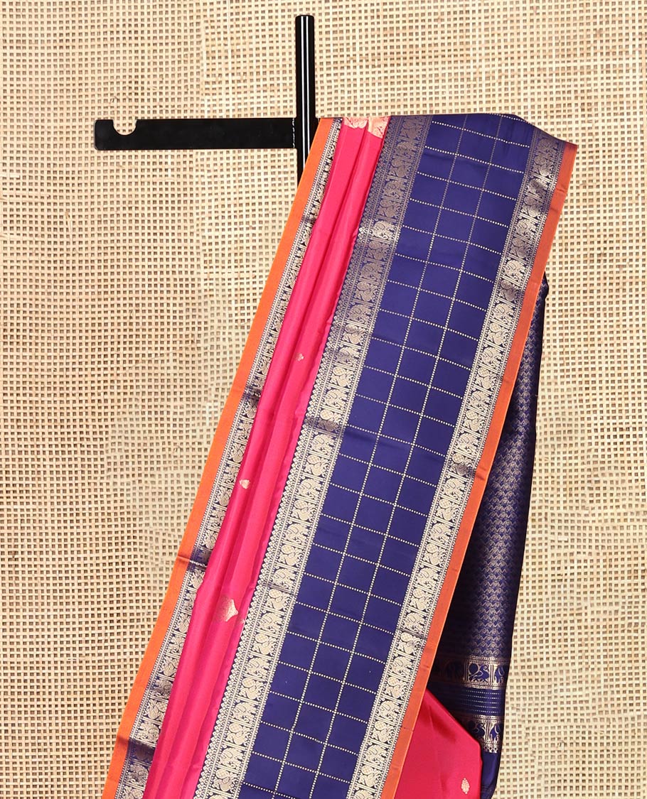 Pink Vasundhara Silk Saree, Enthralled with Iruthalai Pakshi Buttas, Complemented by a Contrast Border of Muthu, Mayil, and Yaanai Designs, Grand Pallu, and Contrast Blouse