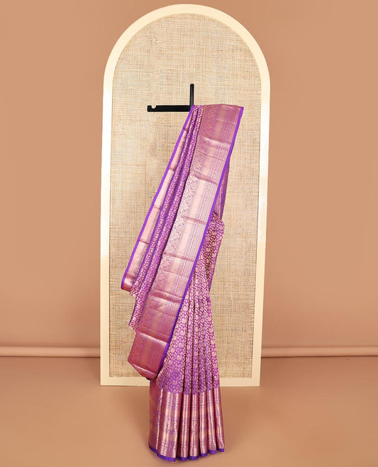 Purple floral jaal design kancheepuram silk saree with self border of thilakam mokku, muthu, banaras design & zari design pallu