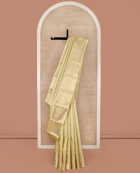 Yellow Kanchipuram Wedding Silk Saree, Opulently Embellished with Jacquard Design on Its Body, Highlighted by Zari Border of Traditional Designs, Mughal-Style Jaal Patterned Pallu, and Paired with a Matching Blouse