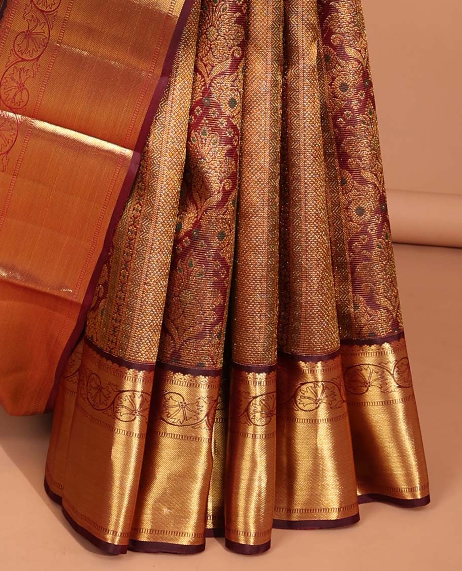 Brown  floral jacquard kancheepuram silk saree with self zari border & floral zari design pallu