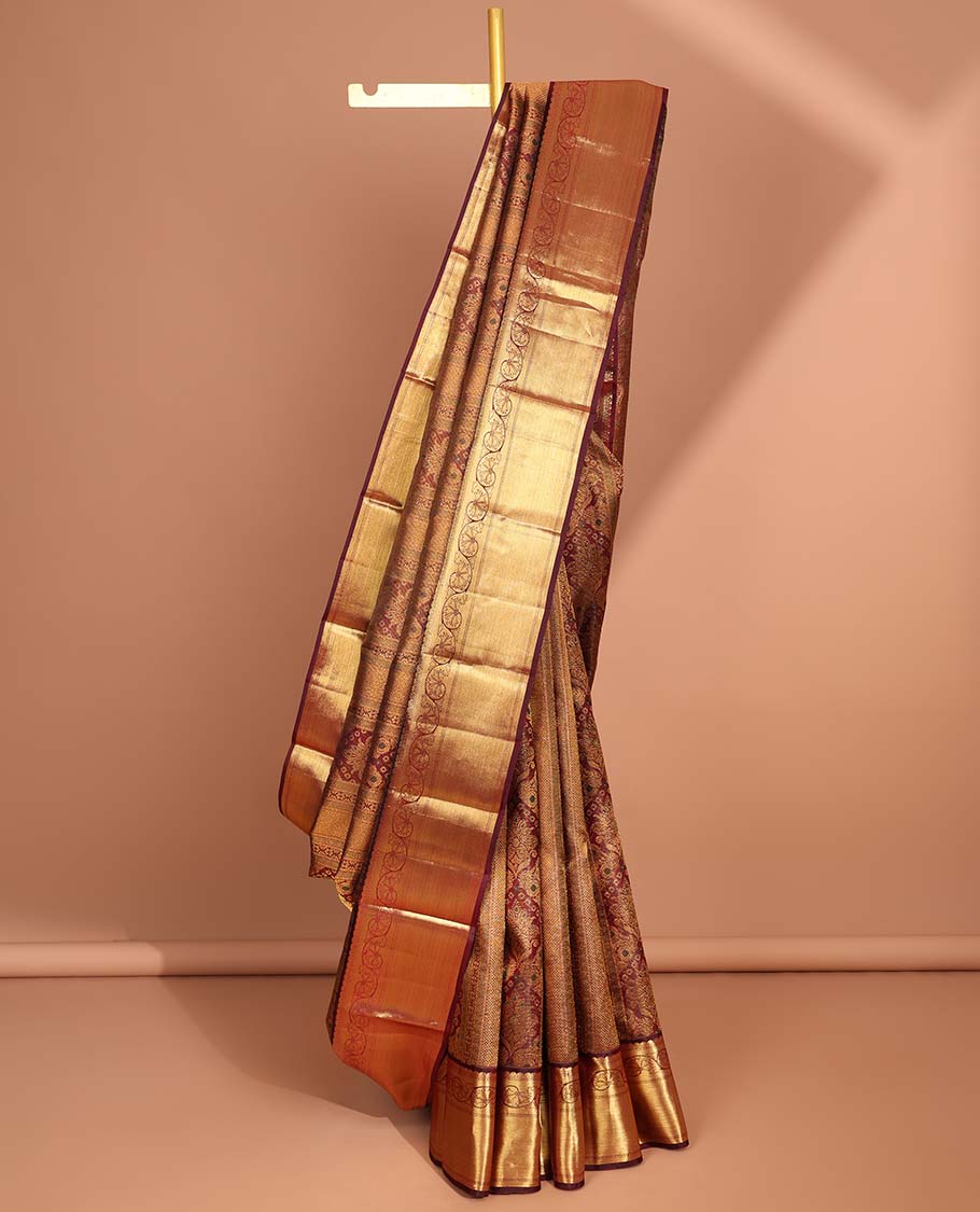 Brown  floral jacquard kancheepuram silk saree with self zari border & floral zari design pallu