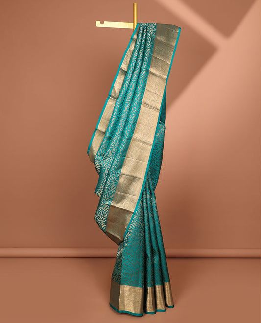 Green leaf design kancheepuram silk saree with self border of zari design & argyle pattern pallu