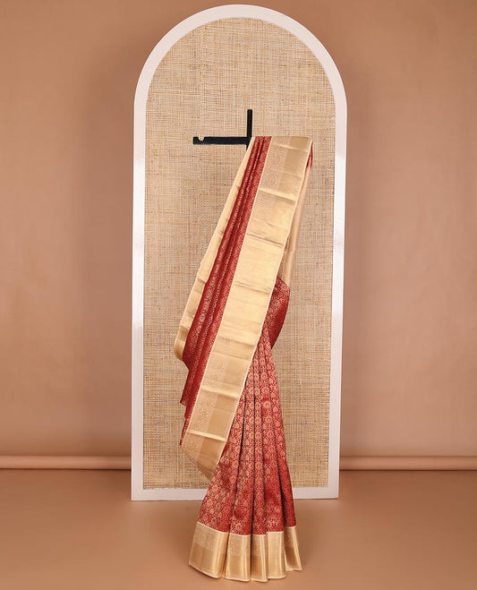 Red jacquard kanchipuram wedding silk saree, contrast border of rekku, poun, banaras, mayil & zari stripes & pallu of floral designs