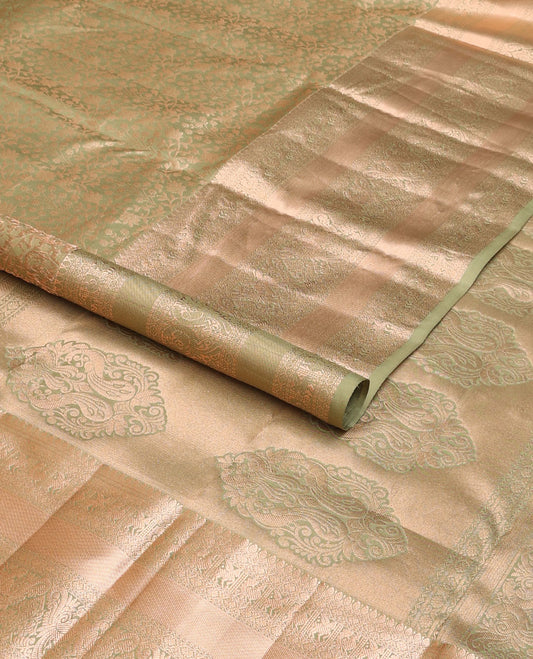Green floral jaal jacquard wedding silk saree, intricately accentuated pallu & border of thilakam,neli,mayil,annam & kuthirai designs