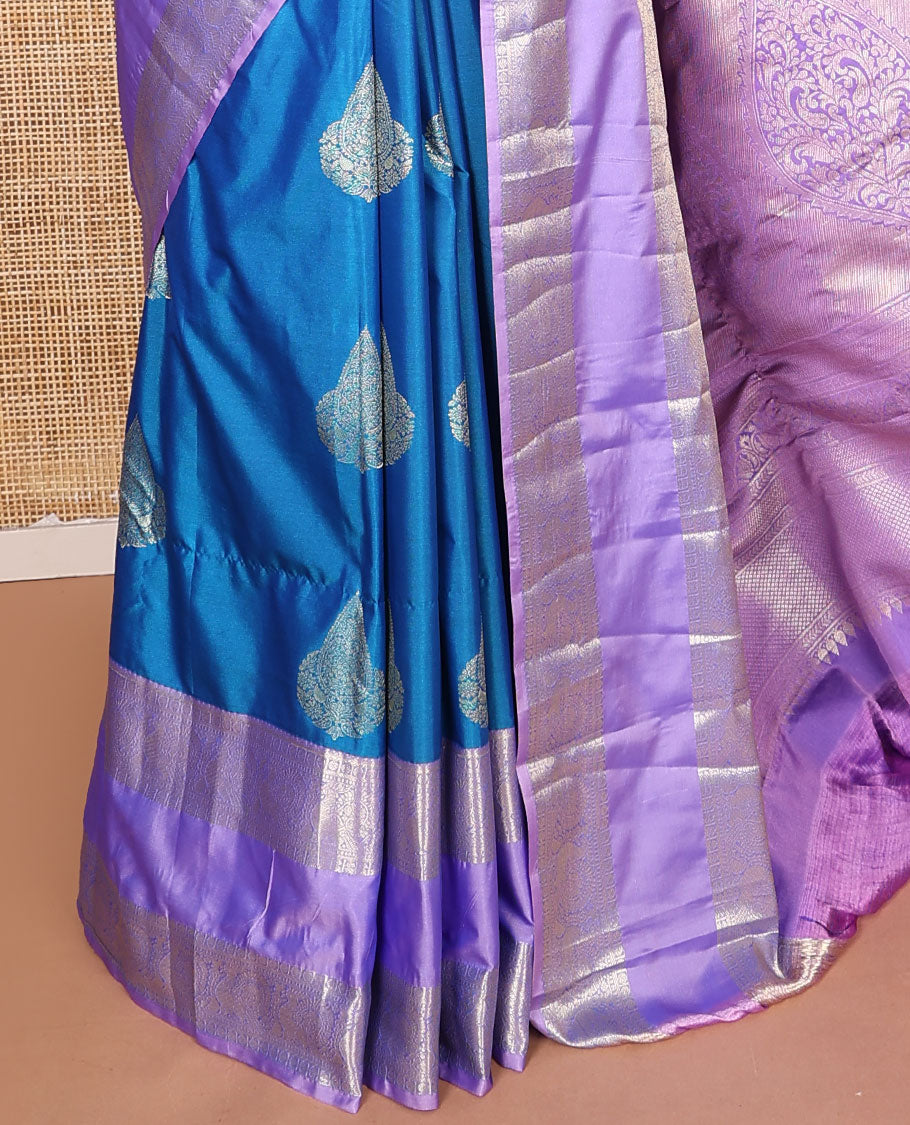 Blue zari buttas budget silk saree, contrast rettai pettu traditional zari border, and intricate pallu