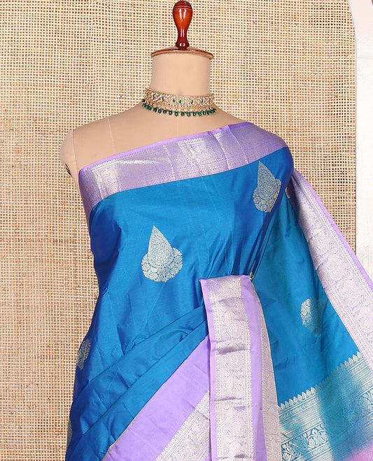 Blue zari buttas budget silk saree, contrast rettai pettu traditional zari border, and intricate pallu