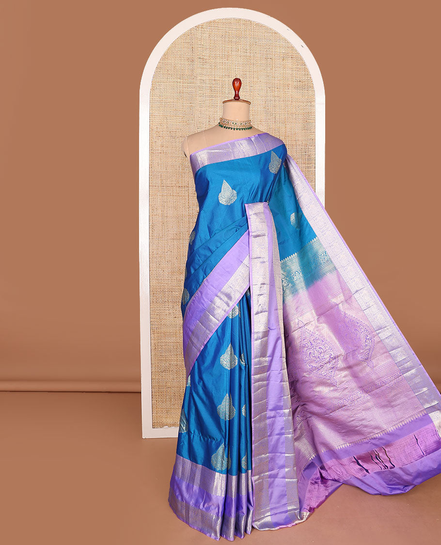 Blue zari buttas budget silk saree, contrast rettai pettu traditional zari border, and intricate pallu