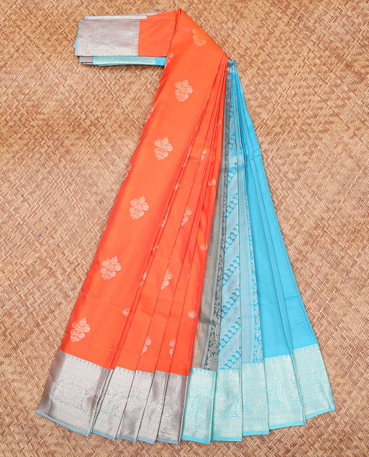 Orange Budget Silk Saree, Prettified with Floral Buttas All Over Its Body, Complemented by a Contrast Traditional Zari Design Border, Pallu Features Greek Key and Paisley Designs, and Paired with a Contrast Blouse