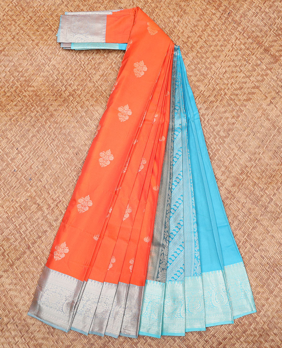 Orange Budget Silk Saree, Prettified with Floral Buttas All Over Its Body, Complemented by a Contrast Traditional Zari Design Border, Pallu Features Greek Key and Paisley Designs, and Paired with a Contrast Blouse