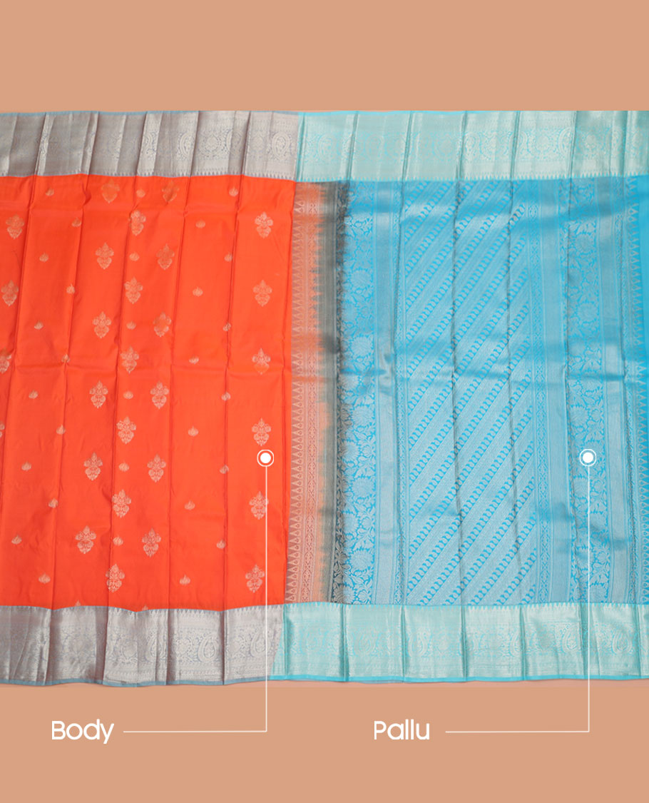 Orange Budget Silk Saree, Prettified with Floral Buttas All Over Its Body, Complemented by a Contrast Traditional Zari Design Border, Pallu Features Greek Key and Paisley Designs, and Paired with a Contrast Blouse