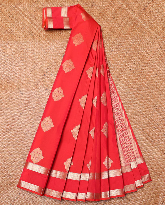 Red Budget Silk Saree, Bedecked with Zari Buttas on Its Body, Highlighted by a Traditional Zari Border, Pallu of Jaal Designs, and Paired with a Matching Blouse
