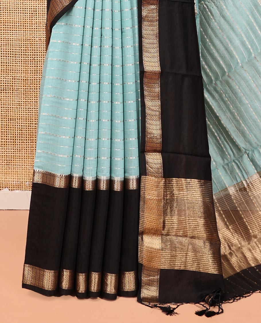 Blue Assam Silk Saree, Delicately Woven with Stripes, Complemented by a Contrast Traditional Border, Zari-Striped Pallu, and a Contrast Blouse