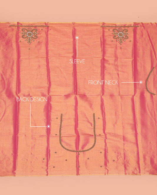 Pink Aari Blouse Material, Beautified with Unique Pattern Sugar Bead Embroidery on Its Sleeves, and Subtle Sugar Bead Work on Its Back and Front Neck