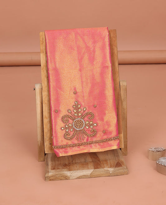 Pink Aari Blouse Material, Beautified with Unique Pattern Sugar Bead Embroidery on Its Sleeves, and Subtle Sugar Bead Work on Its Back and Front Neck