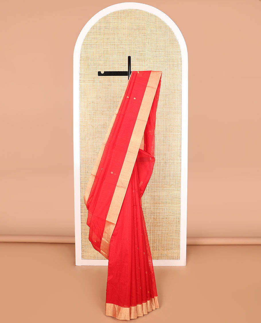Red motifs chanderi cotton saree with contrast border & striped pallu