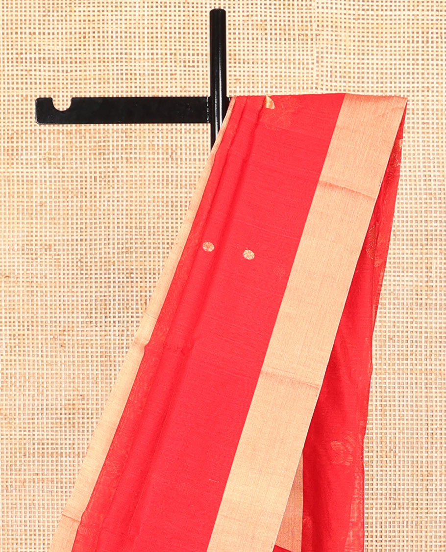 Red motifs chanderi cotton saree with contrast border & striped pallu