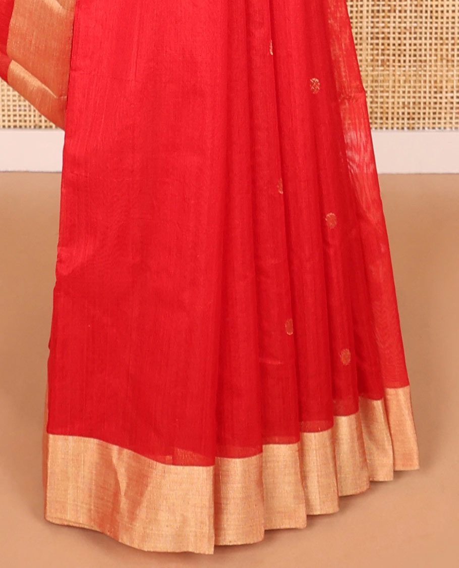 Red motifs chanderi cotton saree with contrast border & striped pallu